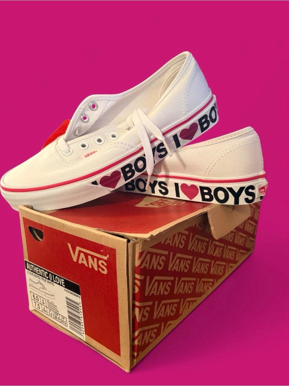 Vans White Canvas Authentic Sneakers with Pink & Black 'I ♥ BOYS' Trim